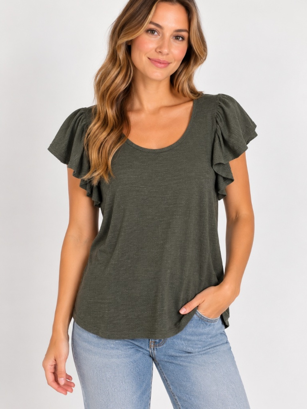 Max Studio Women’s Green Gray Ruffle Short Sleeve Blouse, size Medium